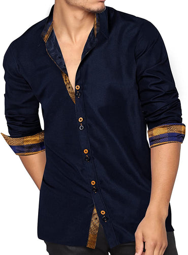 Men's Luxury Navy Blue Velvet Long Sleeve Button Down Shirt