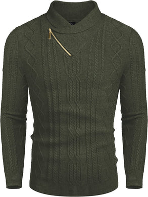 Shawl Collar Army Green Pullover Cable Knitted Sweaters