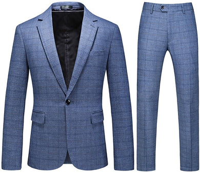 Men's Light Blue Plaid Tweed Slim Fit One Button Suit