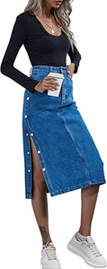 Plus Size Maori Dark Blue High Waisted Solid Button Up Denim Jean Skirt