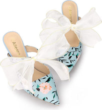Load image into Gallery viewer, Chiffon Bow Blue Floral Pointed Toe Heels