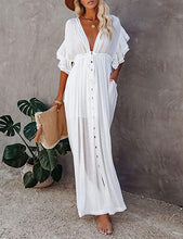 Load image into Gallery viewer, Belizean White Ruffled V Neck Maxi Cover Up Dress