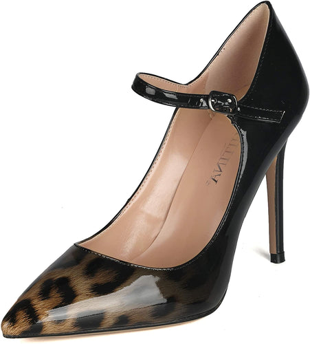 Pointy Toe Patent Leopard Print Ankle Strap Stiletto Shoes