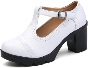 Square Toe White Leather Classic T-Strap Dress Pump Shoes