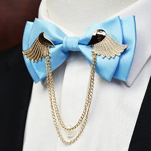 Men's Sky Blue Adjustable Metal Golden Wings Chained Bowtie
