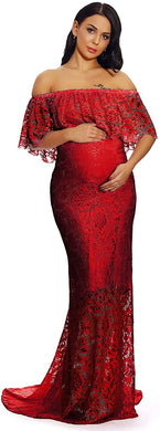 Maternity Ruffles Lace Wine Red Off Shoulder Long Maxi Dress