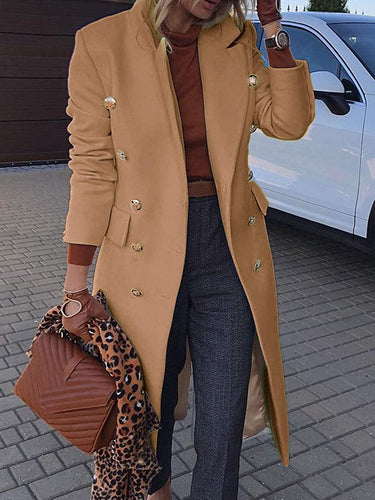Elegant Notched Collar Khaki Wool Blend Pea Coat Jacket