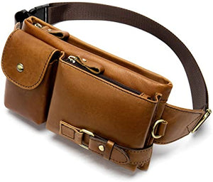 Cowhide Brown Genuine Leather Fanny Pack Waist Bag w/Adjustable Straps