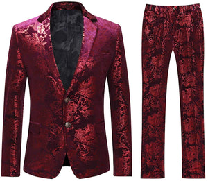 Men's Single-Breasted Luxury Floral Burgundy Red Dress Suit