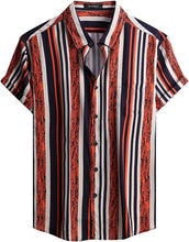 Load image into Gallery viewer, Tricolour Orange Striped Summer Button Down Short Sleeve Shirt