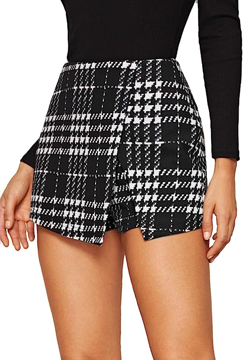 Asymmetrical High Waisted Black Plaid Skirt/Shorts