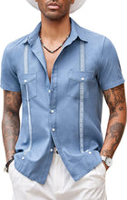 Load image into Gallery viewer, Men&#39;s Grey Button Front Cuban Linen Short Sleeve Shirt