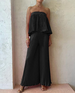 Exclusive Black Pleated Strapless Wide Leg Jumpsuit