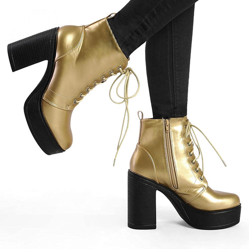 Lace Up Gold Platform Chunky High Heel Women's Combat Boots