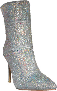 Rhinestone Studded Silver Stiletto Ankle Boots