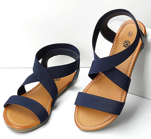 Cross Strap Navy Non Slip Flat Elastic Sandals