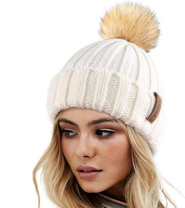 Winter Beige Knit Pom Pom Faux Fur Beanie Hat
