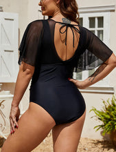 Load image into Gallery viewer, One Piece Mesh Ruffled Black Tummy Control Plus Size Swimsuit