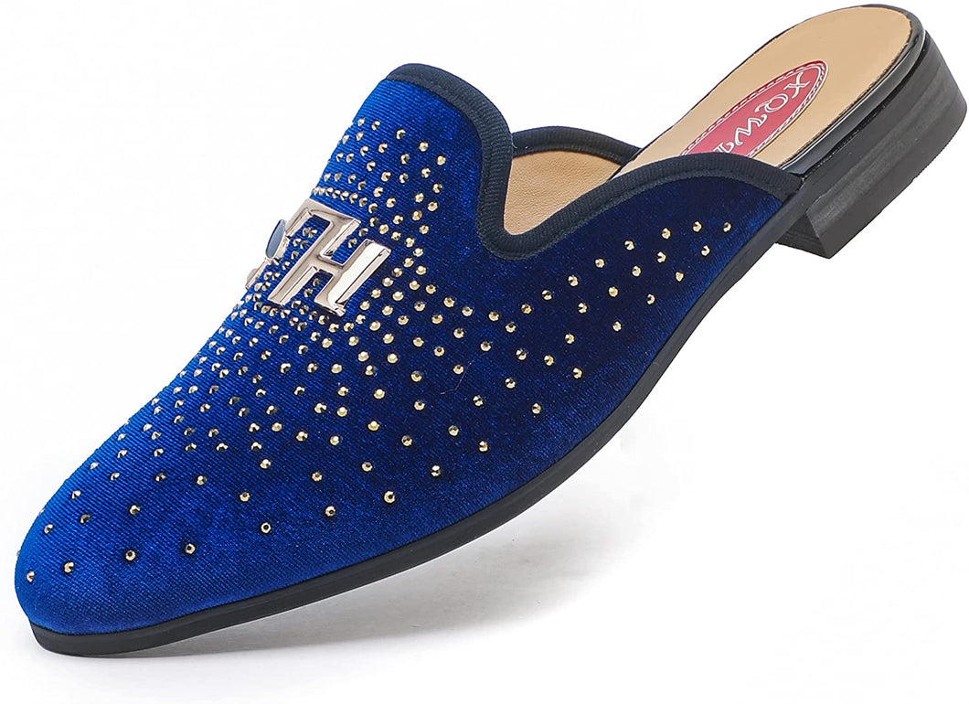 Men's Velvet Leather Blue Studded Loafer Slip-on Dress Shoes
