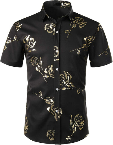 Slim Fit Hipster Rose Printed Button Down Short Sleeve Shirt