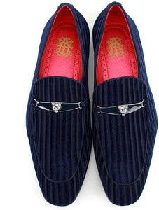 Metal Lion Ornament Navy Velvet Embossed Striped Loafers