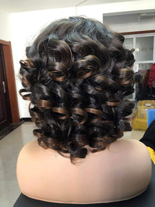 Black/Brown Short Ringlet Kinky Curly Wigs with Bangs