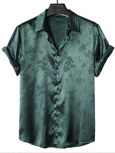 Men's Tan Floral Satin Button Up Short Sleeve Shirt