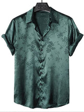 Load image into Gallery viewer, Men&#39;s Brown Floral Satin Button Up Short Sleeve Shirt