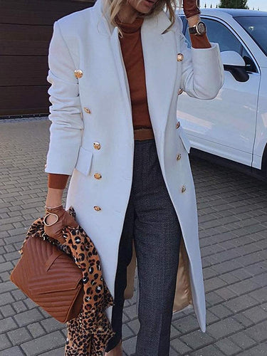 Elegant Notched Collar White Wool Blend Pea Coat Jacket