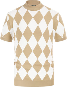 Men's Khaki Diamond Pattern Mock Neck Short Sleeve Sweater