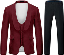 Load image into Gallery viewer, Shawl Collar Wine Red 3 Piece Jacquard Tuxedo Men&#39;s Suit
