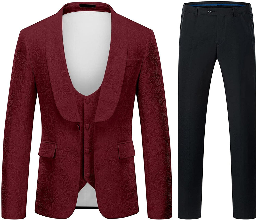 Shawl Collar Wine Red 3 Piece Jacquard Tuxedo Men's Suit