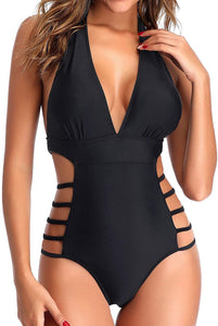 Reverence Halter Open Back Plunge V Neck One Piece Swimsuits