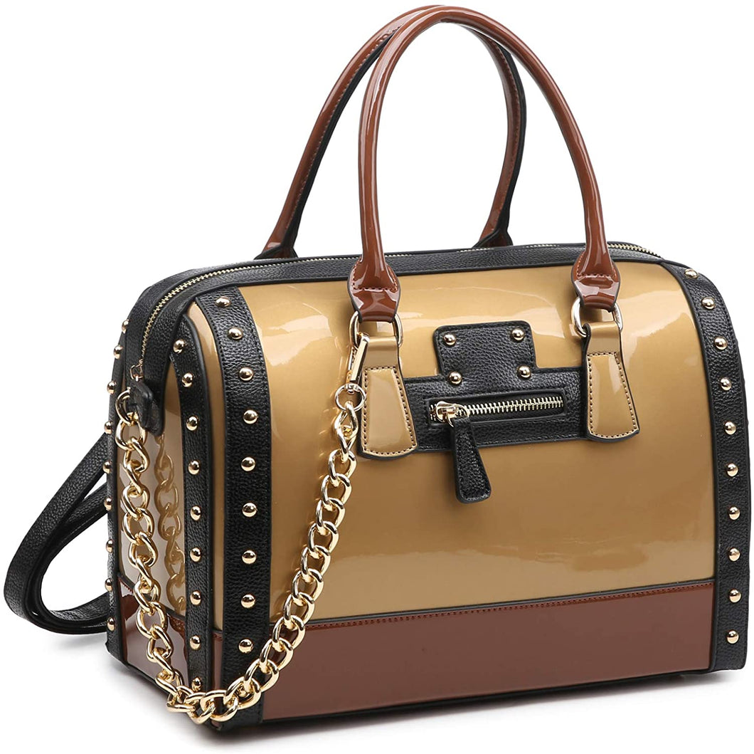 Top Handle Satchel Gold Patent Faux Leather Handbags