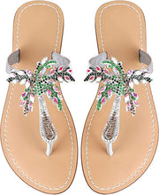 Load image into Gallery viewer, Bohemian Palm Tree Silver Multi Color Rhinestone T Strap Sandals