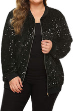 Load image into Gallery viewer, Plus Size Sparkle Long Sleeve Front Zip Loose Bomber Jacket