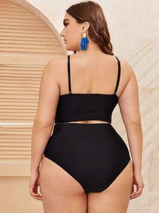 Plus Size Black Halter High Waist 2pc Mesh Swimsuit