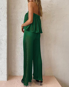 Exclusive Hunter Green Pleated Strapless Wide Leg Jumpsuit
