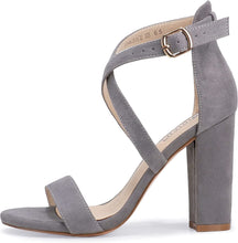 Load image into Gallery viewer, Dress Shoes Gray Suede Chunky High Heel Open Toe Sandal