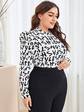 Load image into Gallery viewer, Plus Size Mock Neck White Letter Print Long Sleeve Blouse
