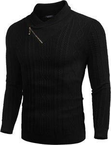 Shawl Collar Black Pullover Cable Knitted Men's Sweater