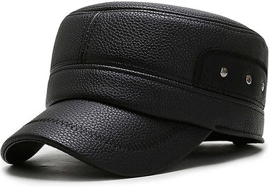 Men's Black Leather Military Cadet Peaked Cap with Earflap