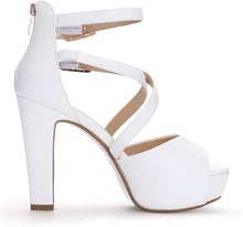 Load image into Gallery viewer, Nurtured White Pu Crisscross Strappy Chunky Heel Sandals