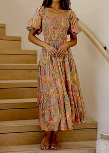 Floral Puff Sleeve Summer Short Sleeve Maxi Dress