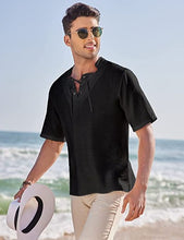 Load image into Gallery viewer, Men&#39;s Black Linen Lace Up Short Sleeve Shirt