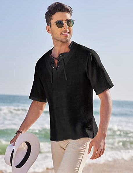 Men's Black Linen Lace Up Short Sleeve Shirt