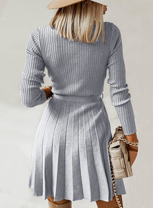 Wrapped Grey Long Sleeve Knitted Sweater A-Line Dress