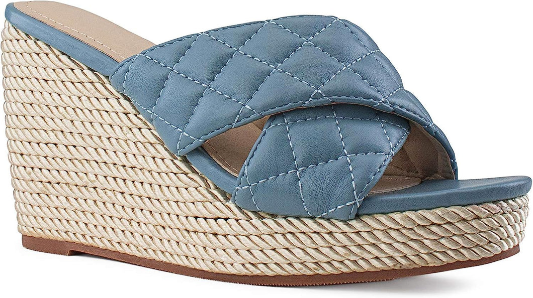Quilted Blue Open Toe Wedge Sandals
