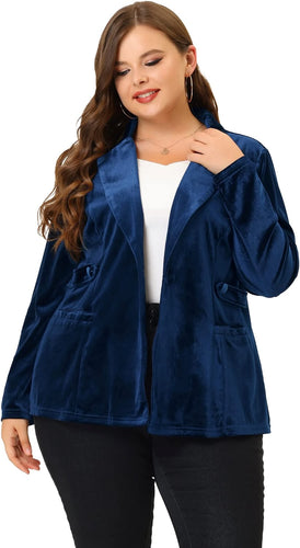 Plus Size Notched Lapel Navy Blue Velvet Casual Blazers