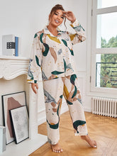 Load image into Gallery viewer, Floral Beige Satin Button Up Plus Size 2 Piece Sleepwear